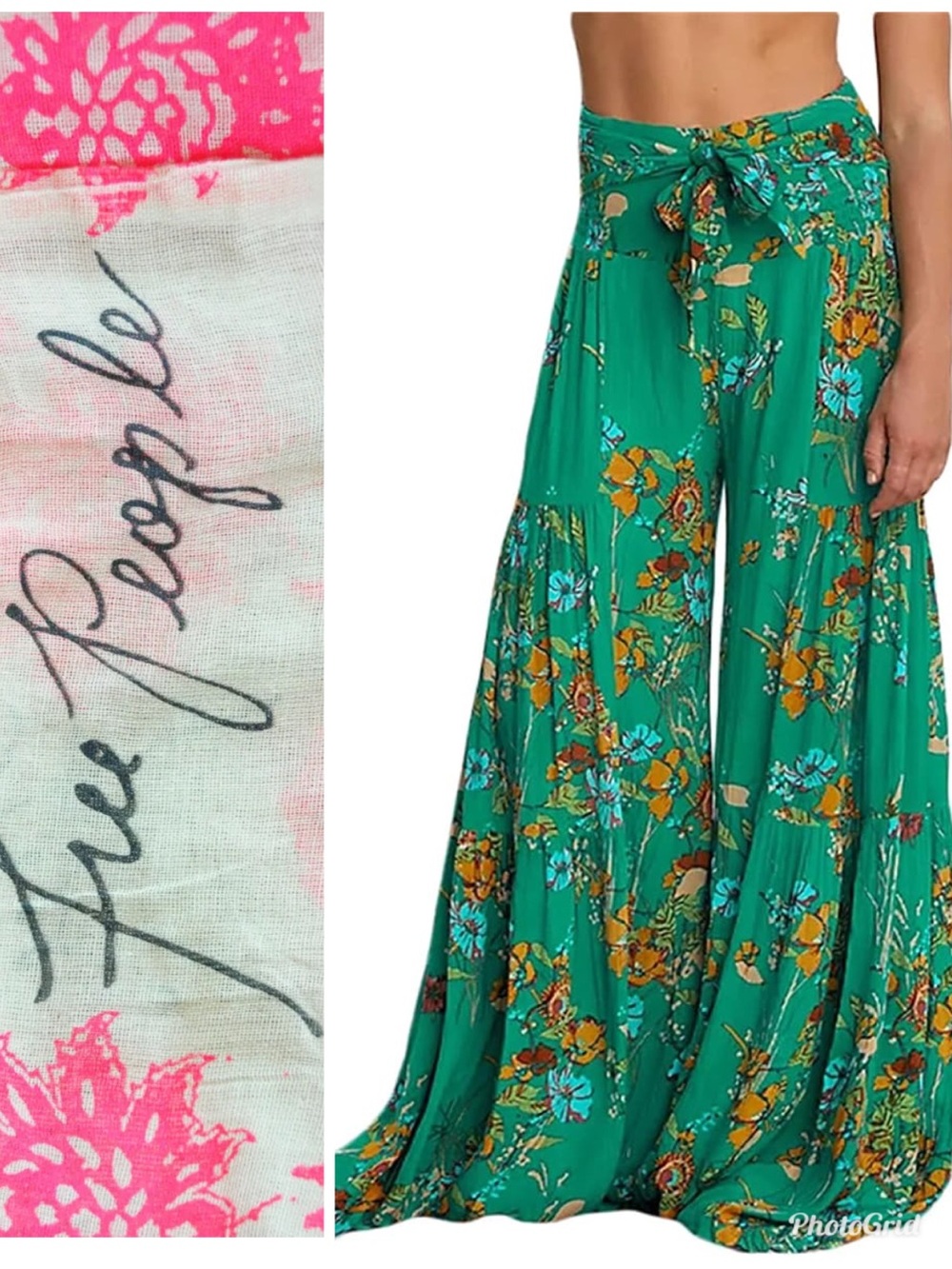 Free People Green Floral Wide-Leg Palazzo Pants